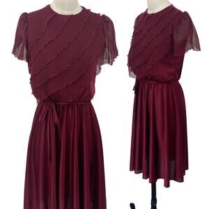 Vintage 70s Ruffled Mini Dress Flutter Sleeve Tie Waist Fit & Flare Maroon XS